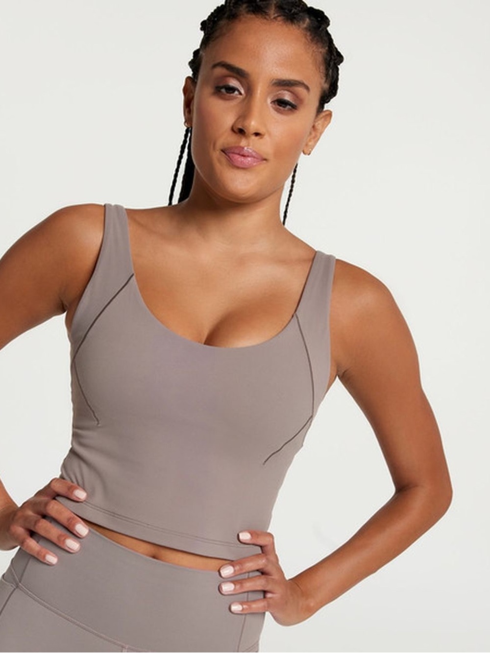 CALIA Inspire Scoop Neck Seam-Detail Crop Tank Top in Taupe